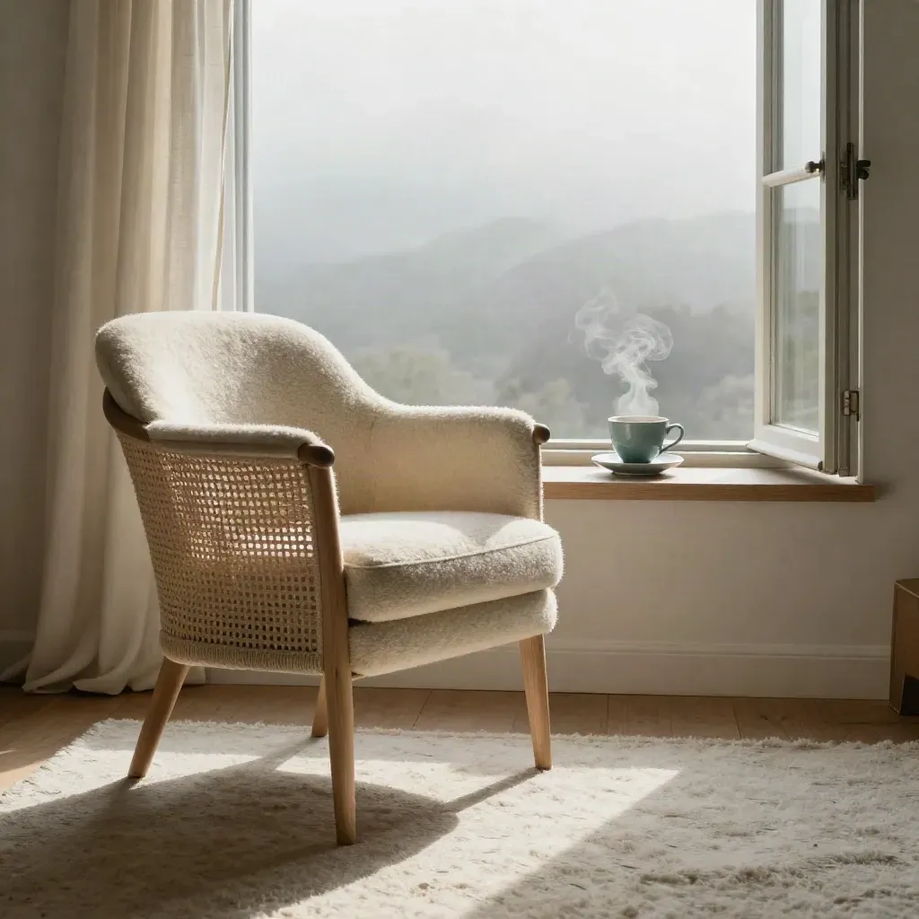 Leerer Sessel am offenen Fenster, dampfende Teetasse und Sonnenstreifen auf hellem Wollteppich.
