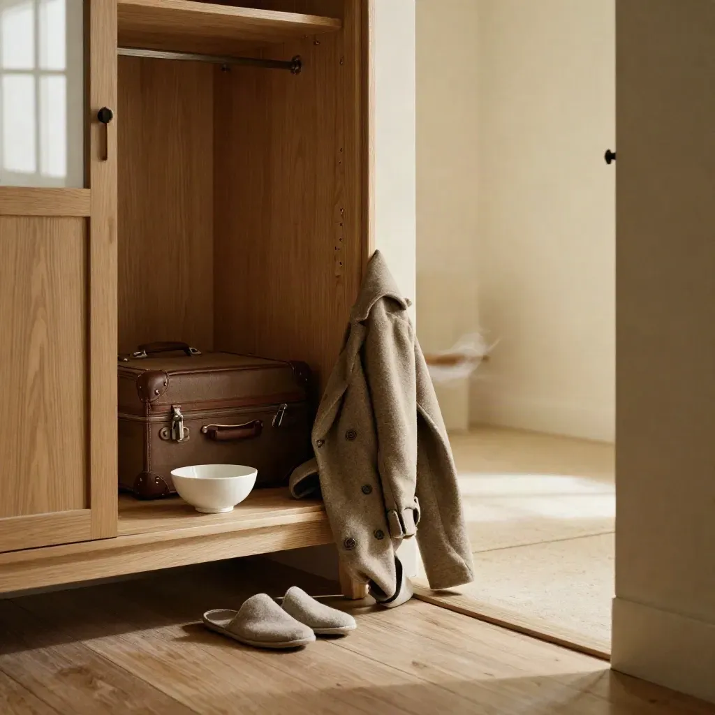 Offene Garderobenbank mit Koffer, Jacke, Hausschuhen und Keramikschale im Türdurchgang.
