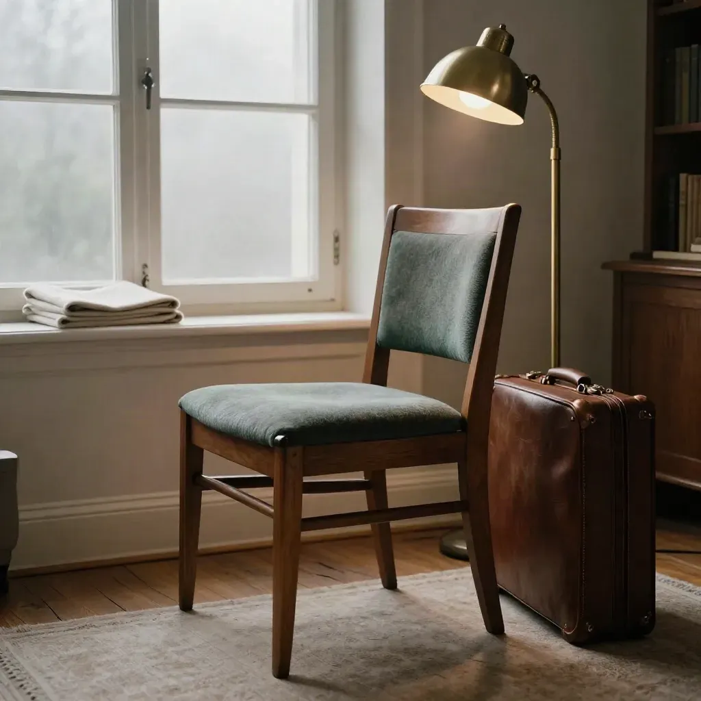 Ruhiges Arbeitszimmer mit Stuhl, Lampe, Koffer und Morgenlicht am Fenster.