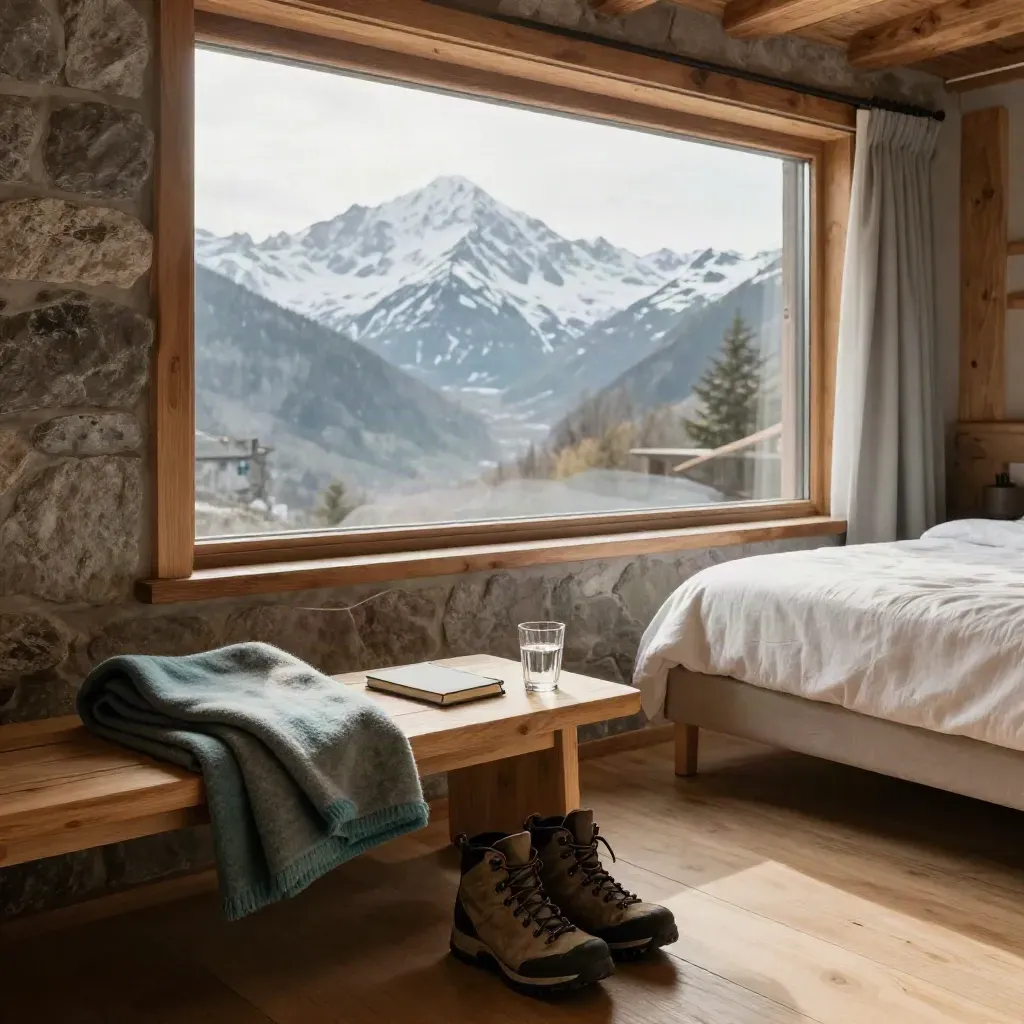 Alpen-Retreatzimmer mit Wanderschuhen, Decke und Blick auf Berge im Morgenlicht.