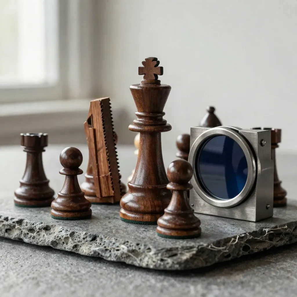 Dunkle Schachfiguren, Holzblock und Metallgewicht auf Stein im dramatischen Licht.