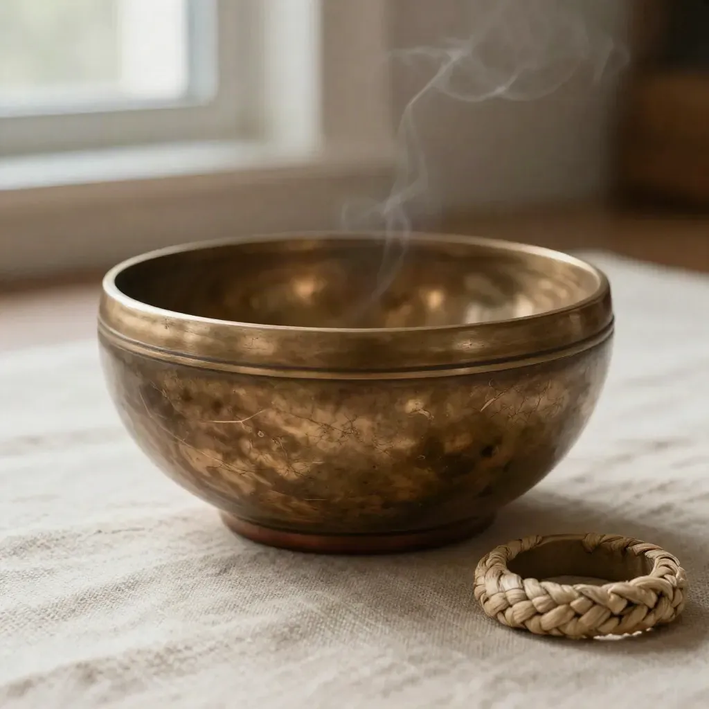 Klangschale, Meditationsstein und Naturfaser-Kreis auf hellem Leinen mit feinem Rauchschimmer.