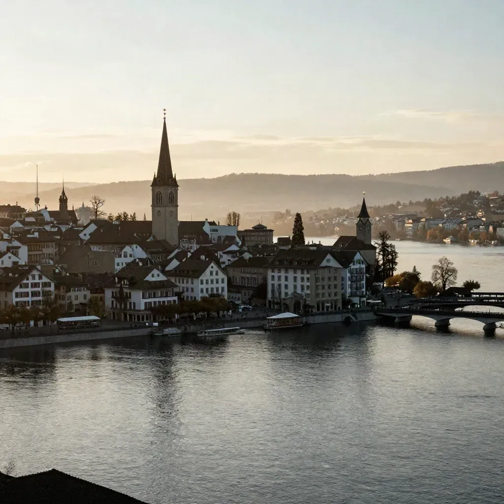 Zürich von oben im goldenen Abendlicht, See und Ufer ruhig im Vordergrund, Stadt hoch im Bild.