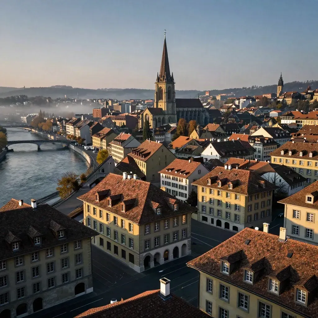 Bern mit Münster über der Aare, warme Dächer und ruhige Flussfläche im Abendlicht
