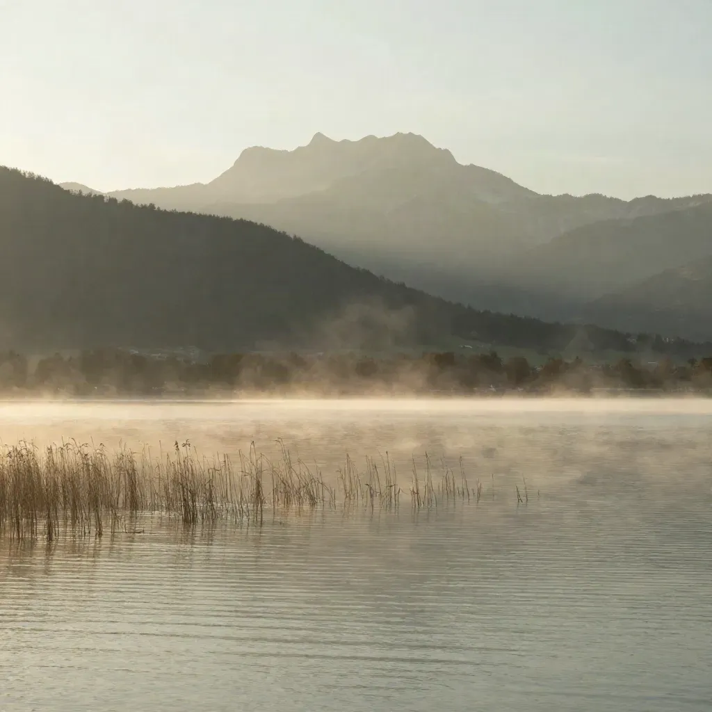 Zentralschweiz: stiller Vierwaldstättersee im Morgenlicht mit hohem Bergzug und viel Ruhe im Wasser.