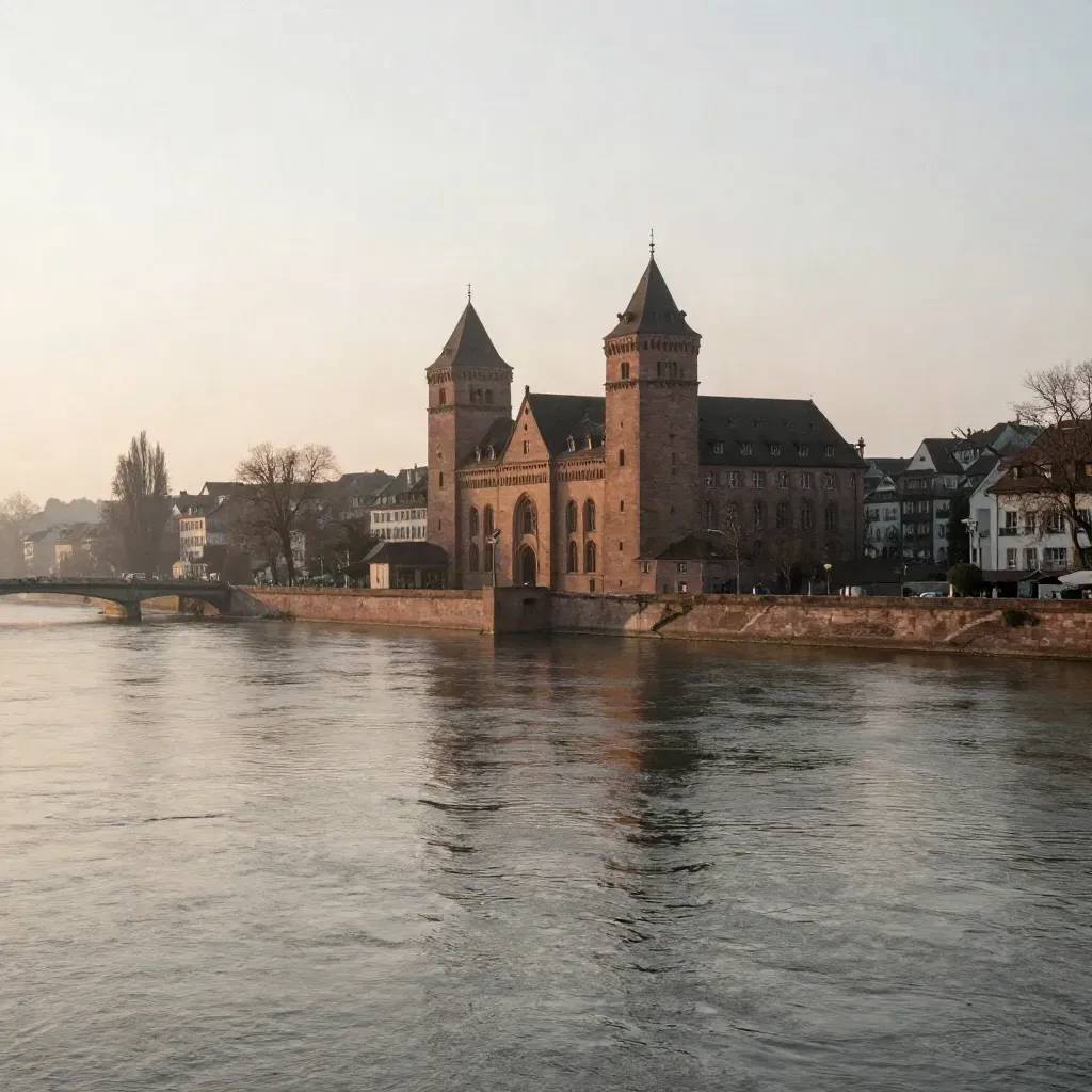 Basel mit dem Münster hoch über dem Rhein, ruhige Flussfläche und feiner Abendhaze.