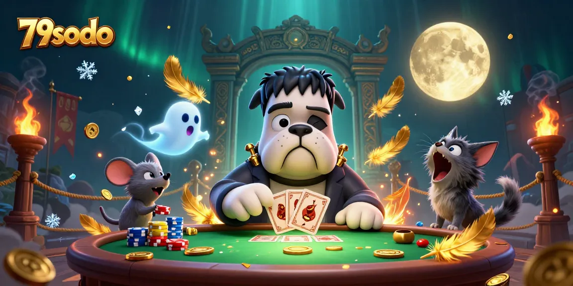Engage with 79sodo's lively casino scene featuring a Frankenstein bulldog dealing cards amidst enchanting elements.