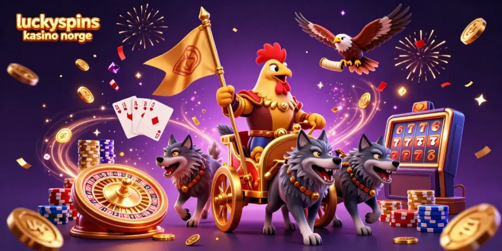 Experience the excitement at luckyspins kasino norge with a dynamic scene of roaring wins, including colorful chips and spinning roulette!