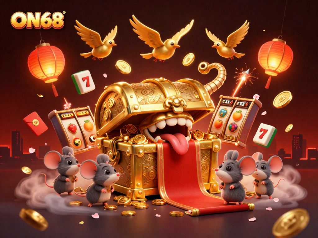 Experience the excitement of ON68 with a treasure chest inviting adventurer mice amidst vibrant casino elements.