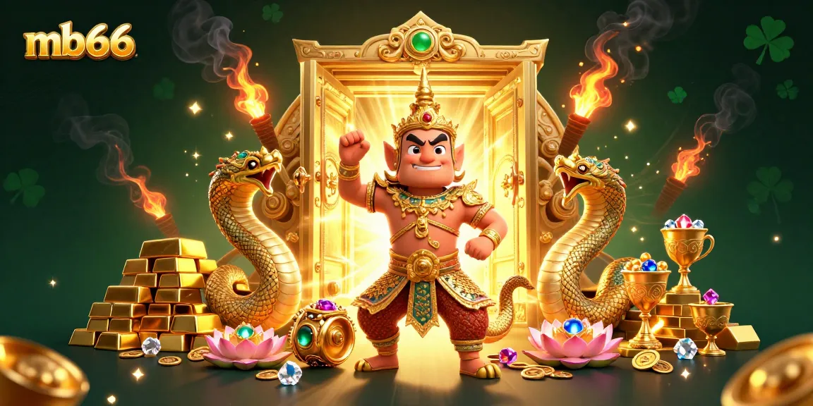 Engage with mb66's vibrant casino world showcasing treasures and 3D guardians in a dynamic illustration.