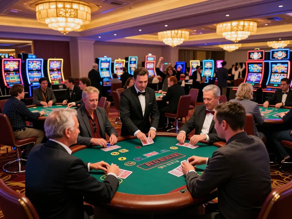 Engaged players at CM88 blackjack tables experience thrilling gameplay in a vibrant casino setting.