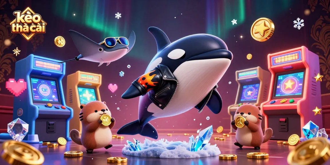 Engage with kèo nhà cái as an orca jumps through a colorful casino game scene filled with golden coins.