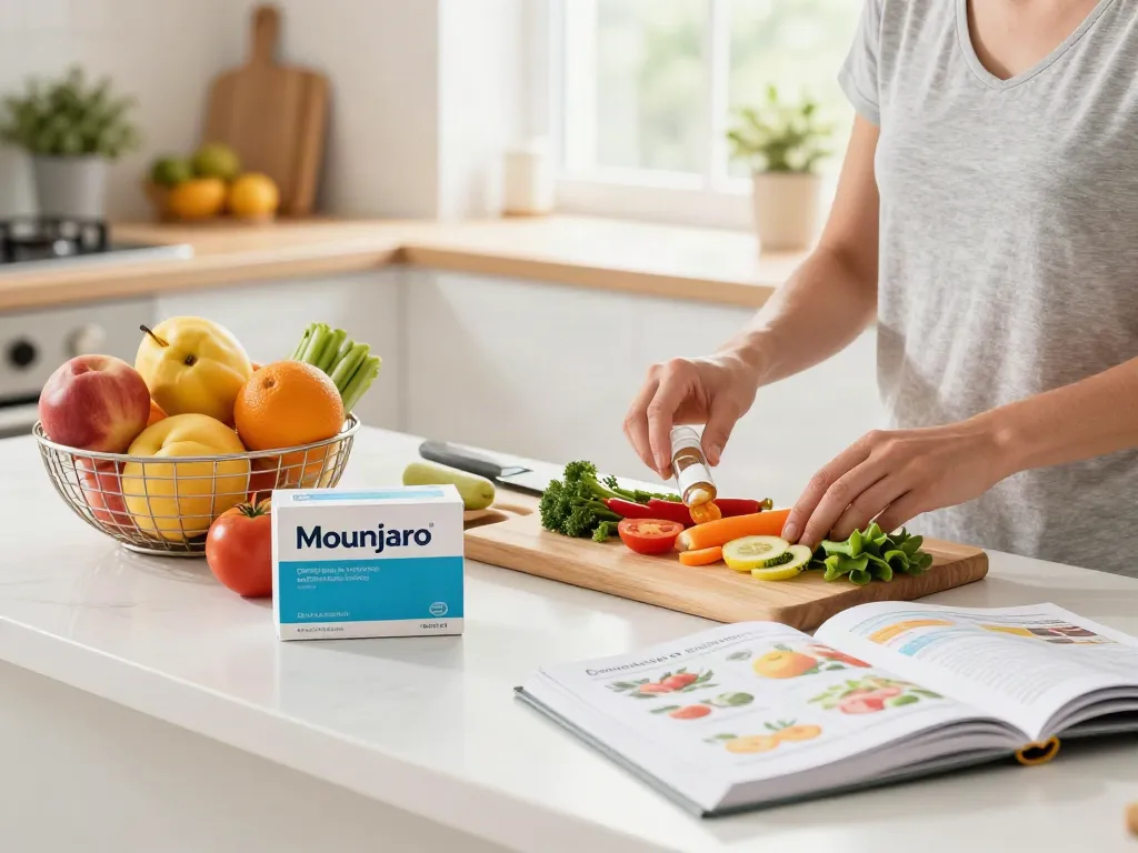Mounjaro in einer hellen Küche, während gesunde Mahlzeiten zubereitet werden.