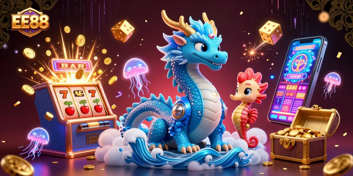 Experience the thrill of EE88 with this vibrant casino-themed illustration featuring dynamic game elements.