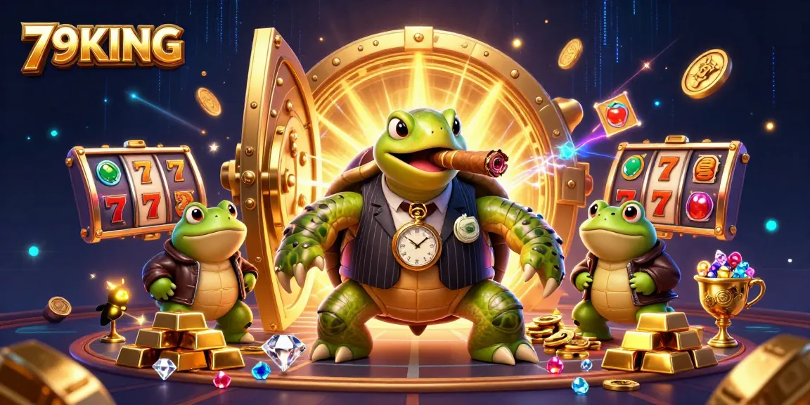 Experience the thrill of 79KING casino adventures with a cartoon turtle mobster and themed elements.