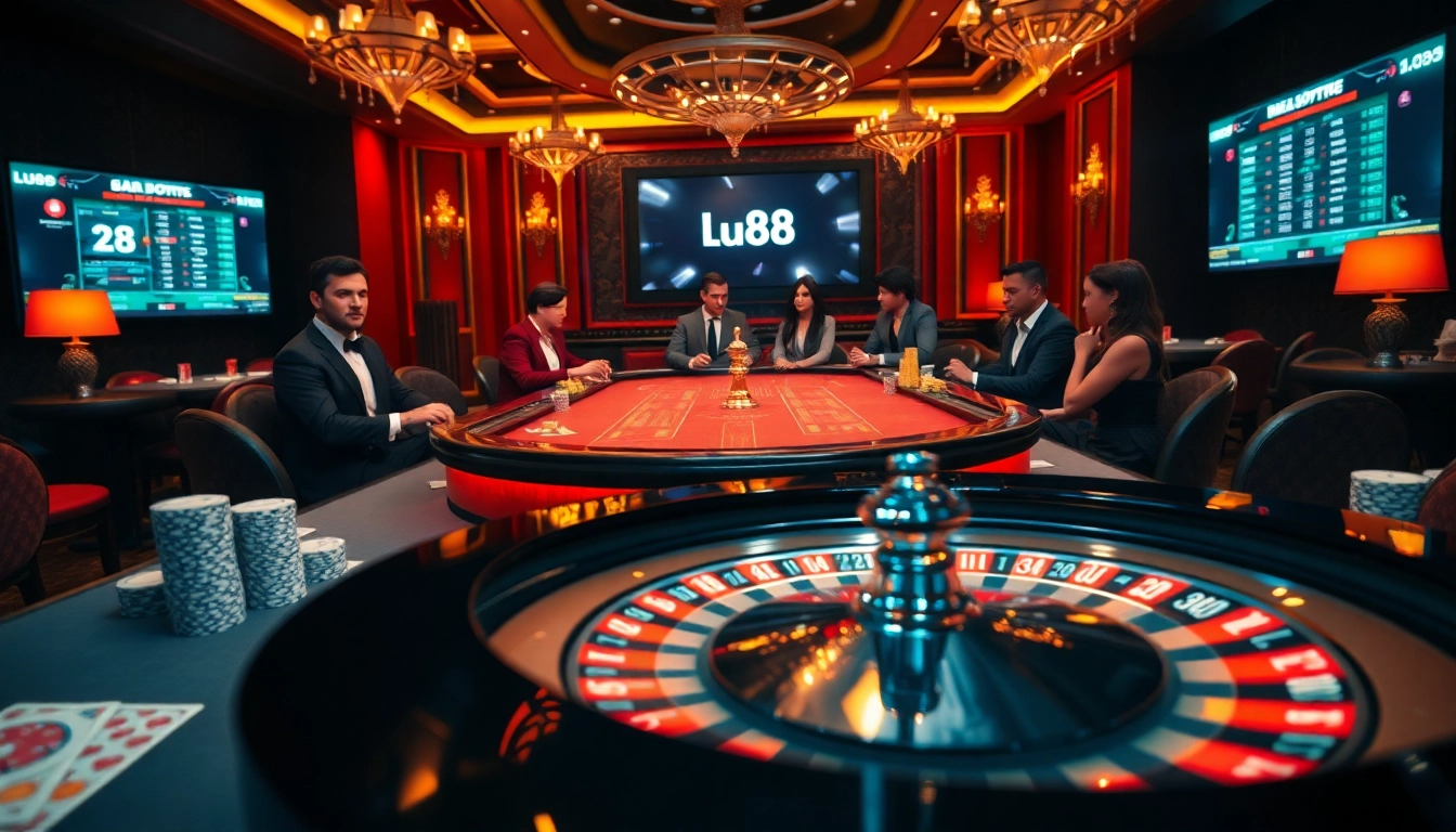 Engaged players in a luxurious casino with lu88 sports betting screens and poker tables.