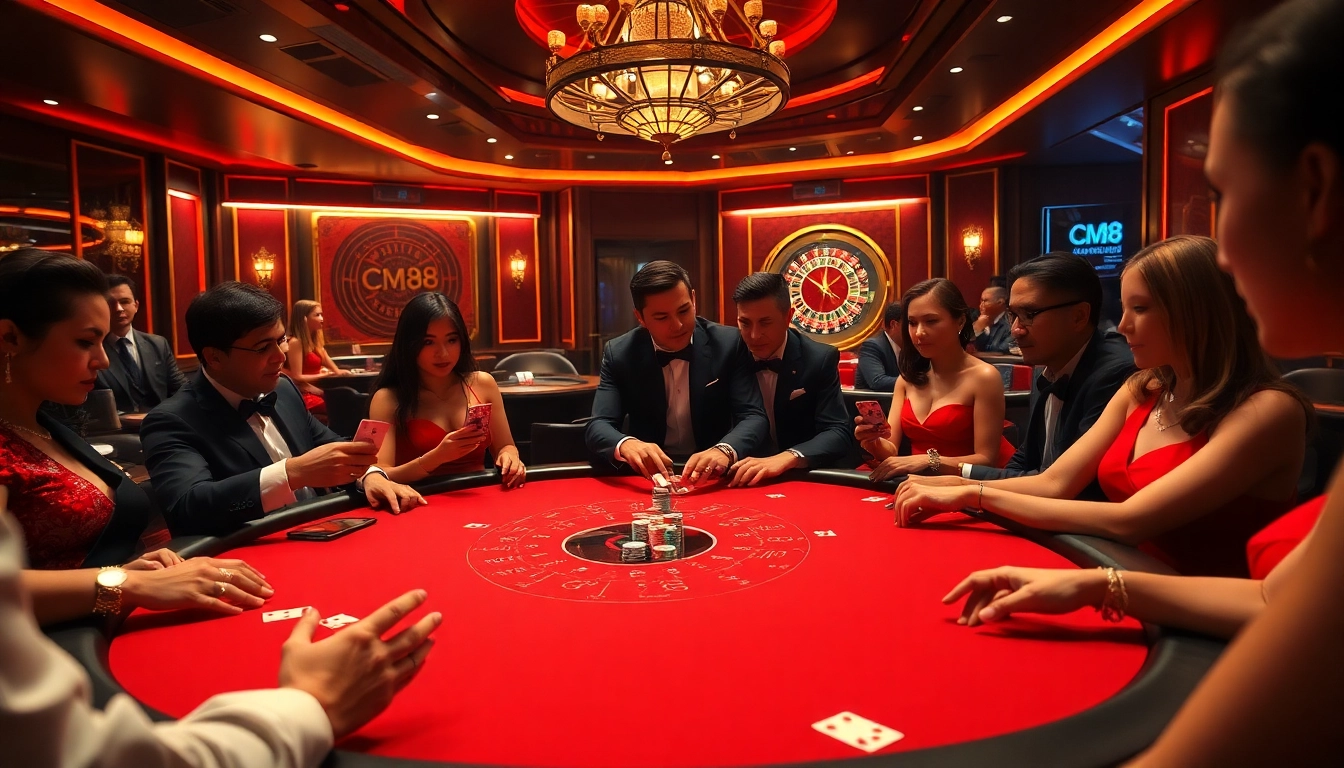 Engaged players at a vibrant poker table highlighting CM88 amidst a luxurious casino setting.