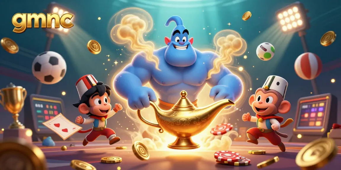 Experience the magic of gmnc as a genie bursts from a lamp, surrounded by vibrant casino gaming elements.