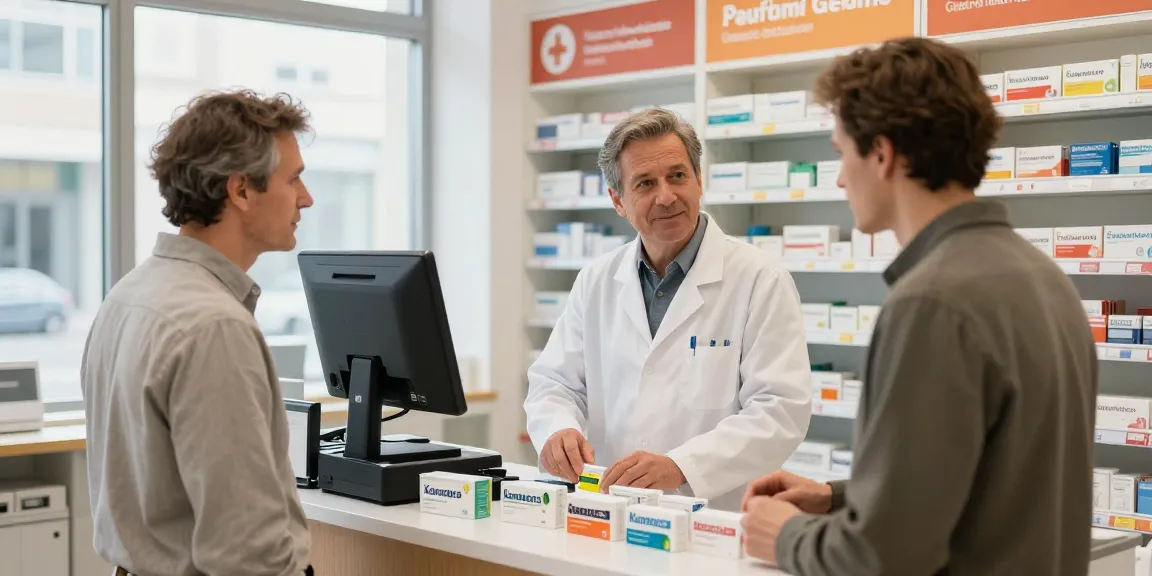 Kamagra bestellen Schweiz at a pharmacy with pharmacist helping customer in bright and organized setting.