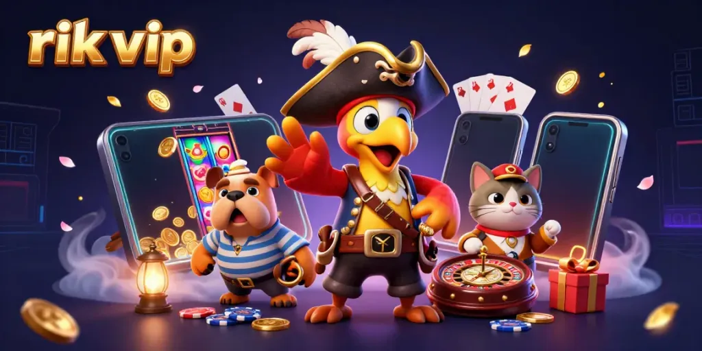 Experience thrilling wins at rik vip with a vibrant 3D casino scene featuring iconic gaming elements.