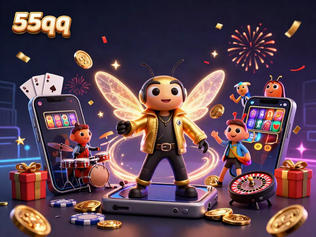 Experience the dynamic 55qq casino world with a rock star theme in this vibrant illustration.