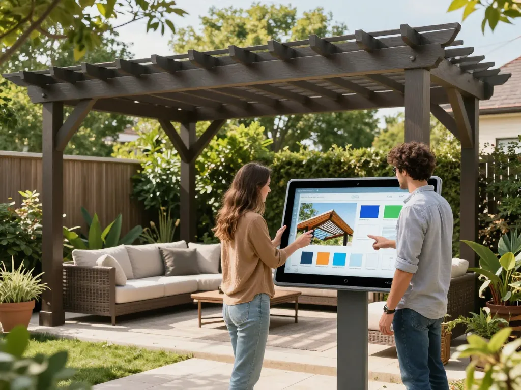 Interaktive Sitzung mit dem 3D Pergola Konfigurator Schweiz, die anpassbare Designoptionen in einer ruhigen Außenumgebung zeigt.