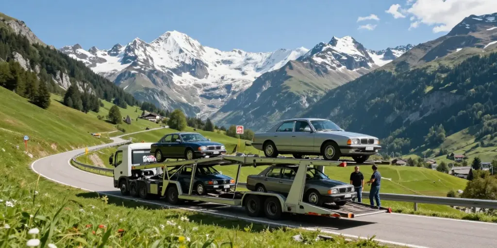 Importieren Ihres Autos aus der Schweiz in das Vereinigte Königreich mit modernem Transporter in der malerischen Landschaft.