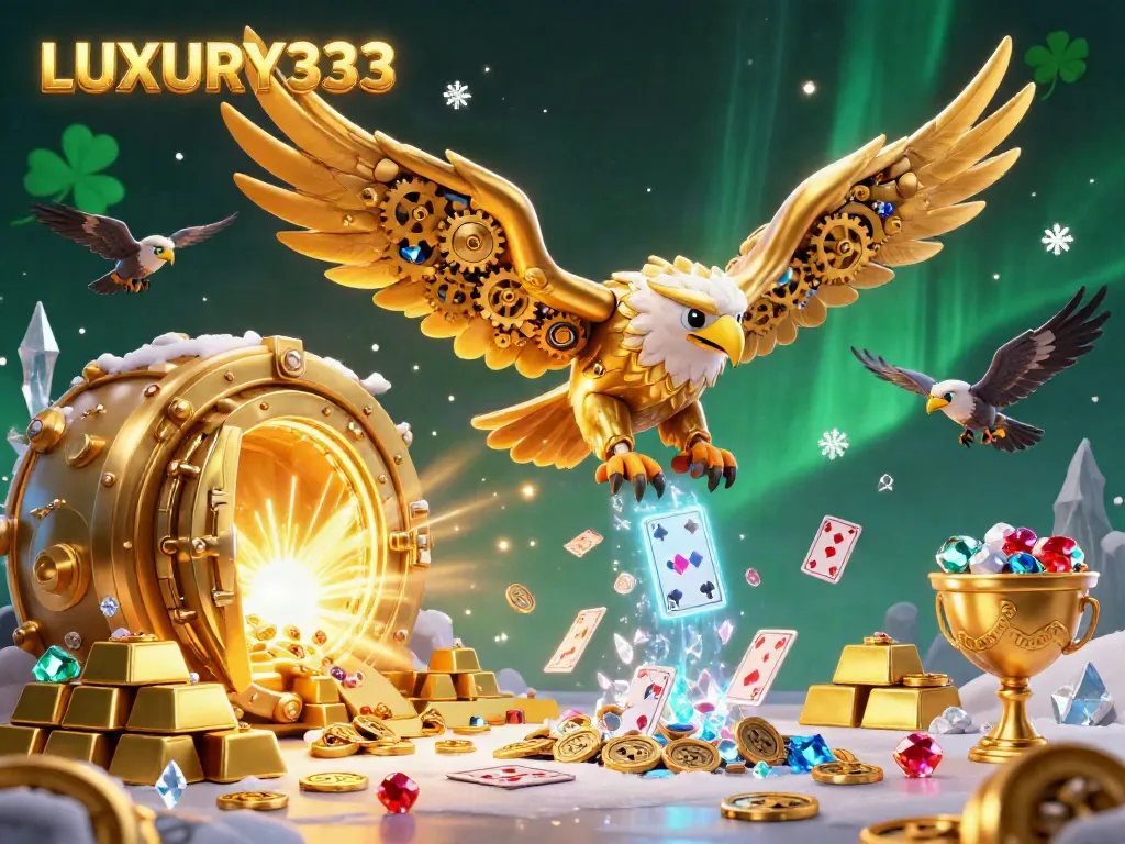 Experience thrilling wins at LUXURY333 with an ornate depiction of soaring eagles and treasures.