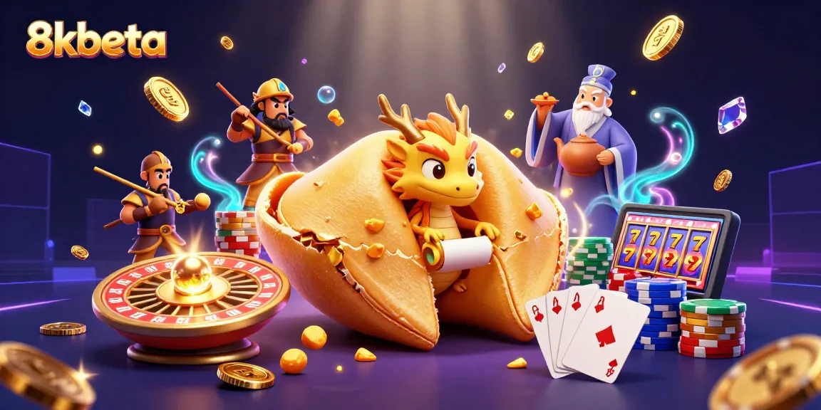 Engage with 8kbeta's captivating casino scene featuring a golden fortune cookie and gaming elements.