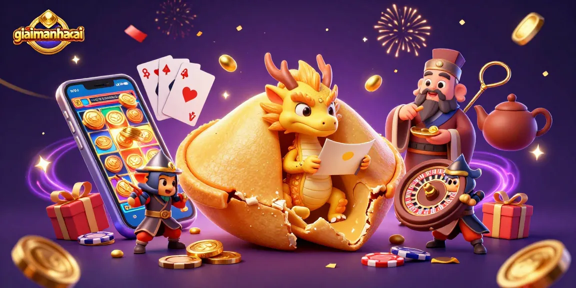 Engage with excitement on giaimanhacai featuring a golden fortune cookie scene showcasing vibrant casino elements.