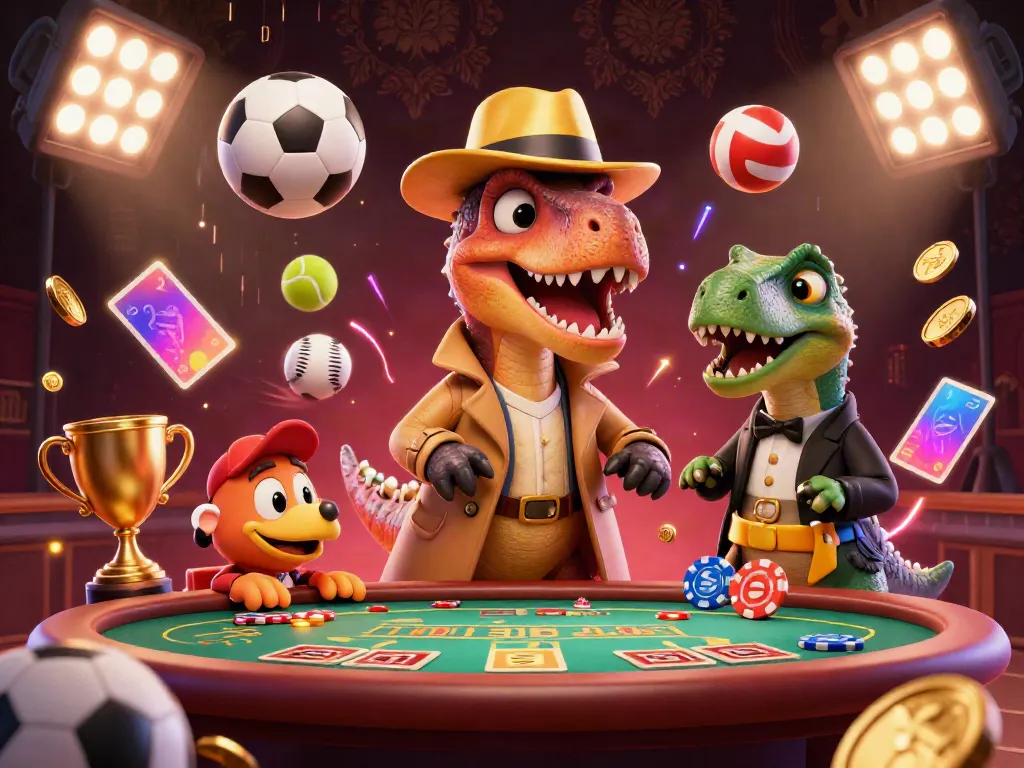 Experience the thrill of betting at xoilac with a cartoon dinosaur scene at a blackjack table.