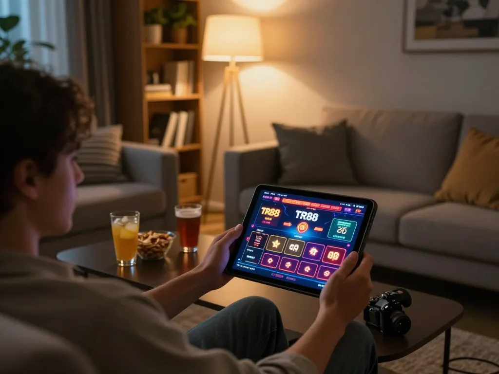 Player enjoying online gaming experience on TR88 app with cozy home ambiance