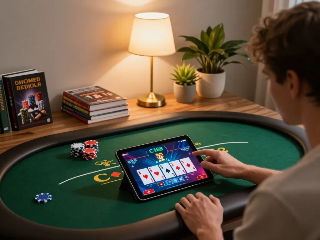 C168 players engaging in live poker game on tablet, showcasing vibrant cards and chips.