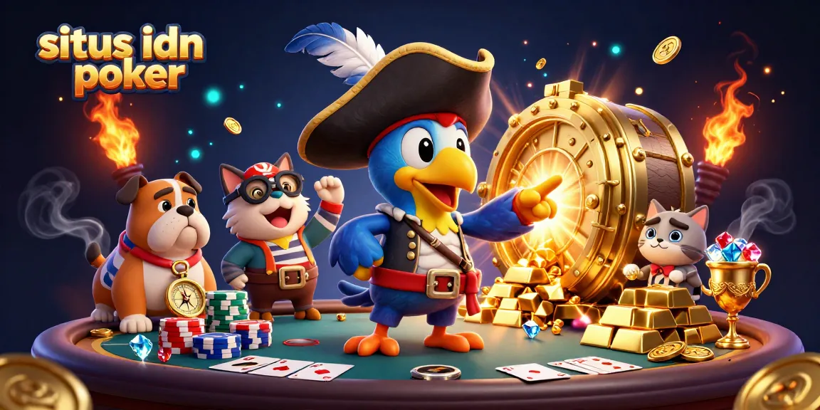 Menggambarkan kemenangan di situs idn poker dengan tumpukan chip poker dan kartu royal flush di tepi meja, dikelilingi oleh koin emas dan harta karun
