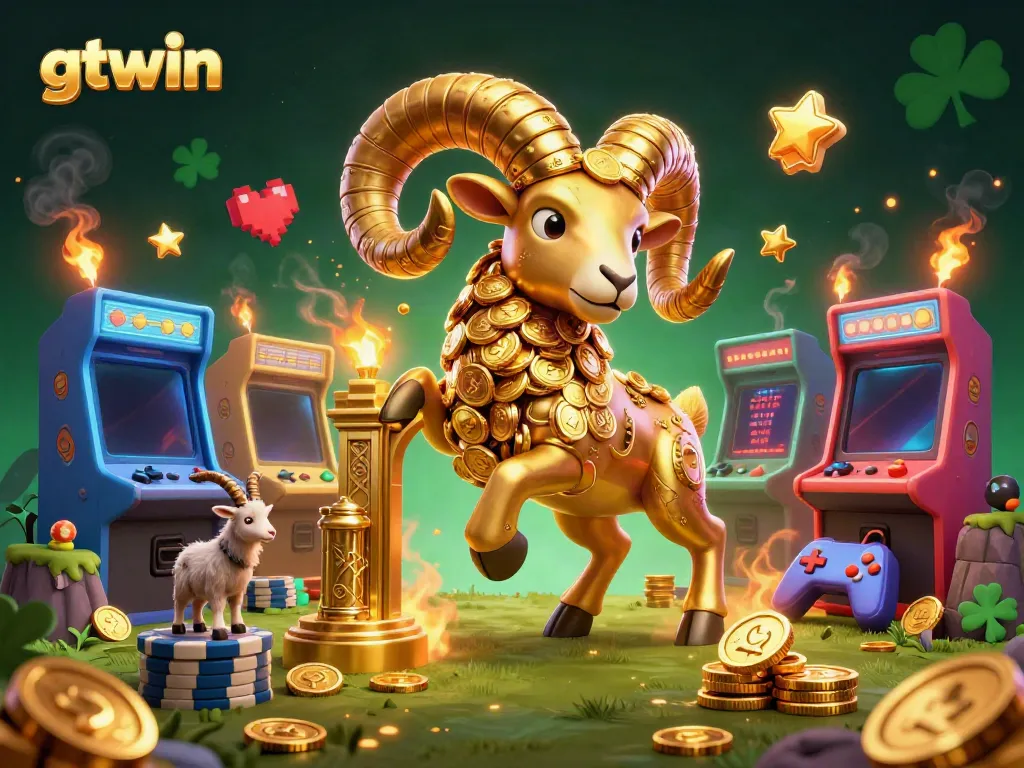 Experience thrilling gameplay with GTWIN’s vibrant casino action featuring a golden ram and arcade machines.