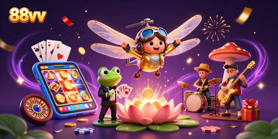 88vv brings thrilling gaming experiences with dynamic dragonfly and frog characters at a vibrant lily pad casino.