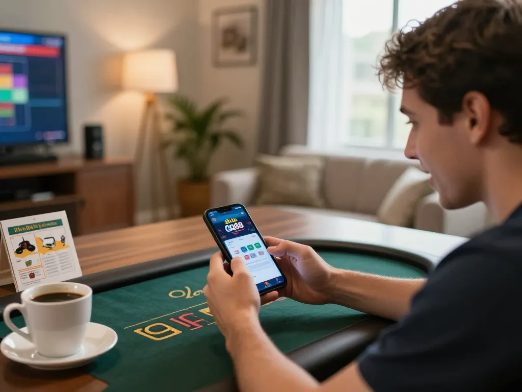 Engaging with the nhà cái QQ88 app on a smartphone, showcasing modern online gambling.