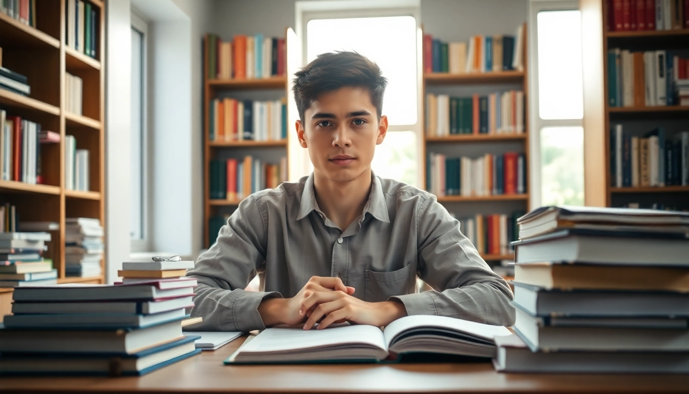 Student intensely studying for the fide exam in a well-lit, organized workspace.