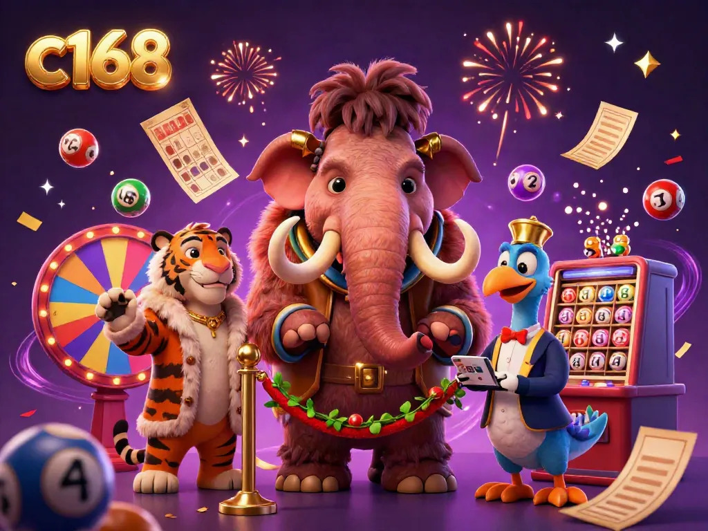 Engage with c 168 as a woolly mammoth checks IDs, surrounded by lottery excitement and vibrant casino elements.
