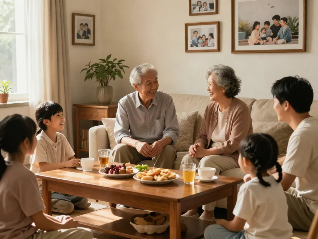 rokok88 super highlights family connections and respect for parents in a warm living room gathering.