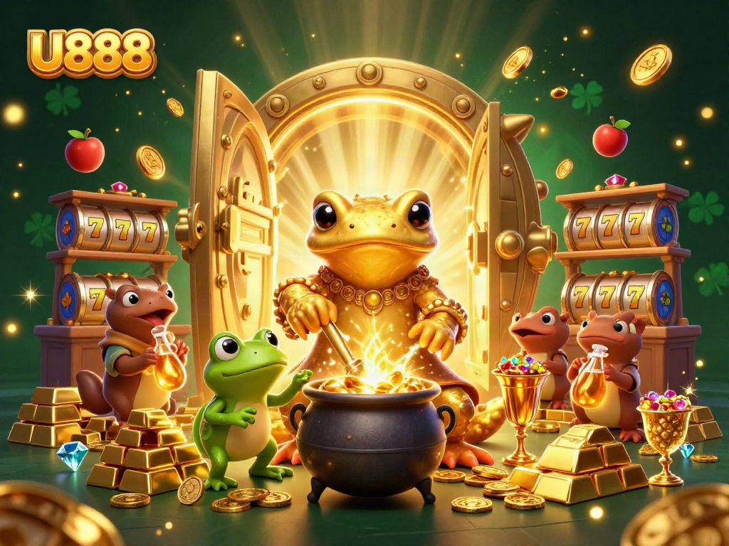 Bet on U888 with a vibrant display of gold coins, slot reels, and a magical alchemist scene.