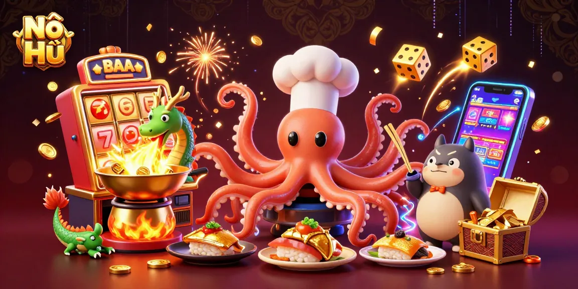 Nổ Hũ slot machine bursting with coins, chef octopus, and dragon in a dynamic casino scene