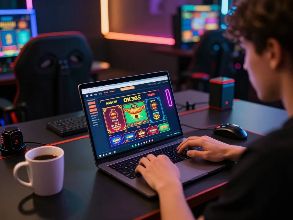 Engaged player strategizing with Nhà cái OK365 displayed on laptop screen in cozy gaming setup.