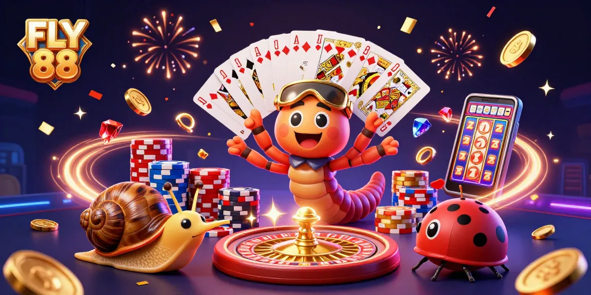 Engage with FLY 88's vibrant casino scene featuring exciting game elements and lively characters.