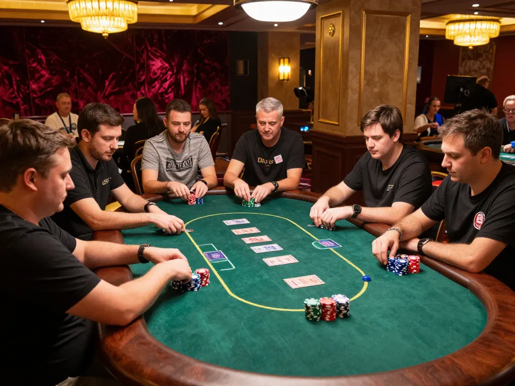 Engage in high-stakes gameplay at a nohu casino poker table, vibrant chips and players focused.