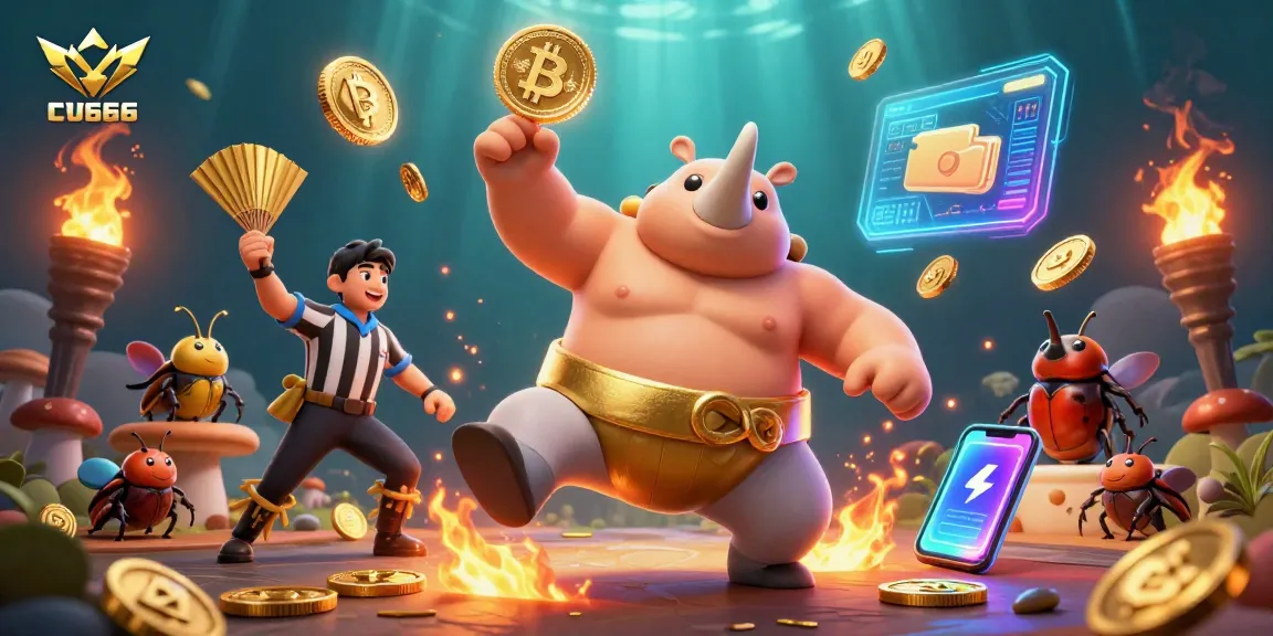Experience the thrill at CV666, where a rhinoceros beetle sumo champion stomps as coins fly, capturing the excitement of online betting.