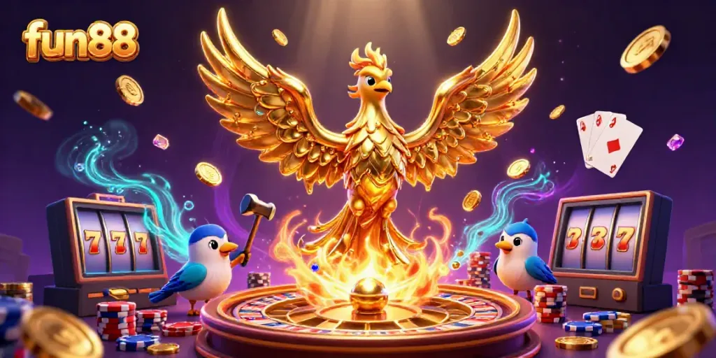 Experience an exciting fun88 scene with a molten phoenix and vibrant casino elements.