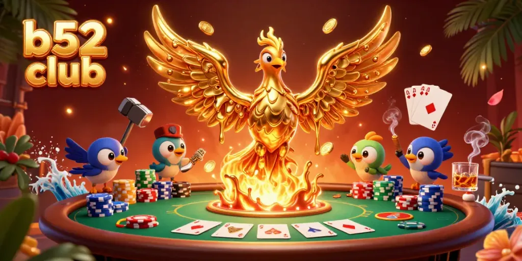 Experience the thrill of winning at the b52 club with a golden phoenix enriching a poker scene.