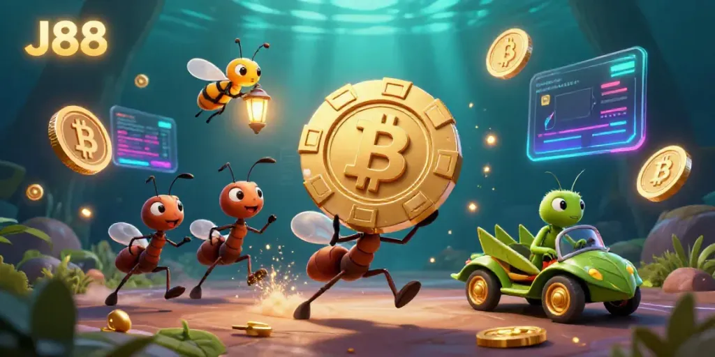 Join the J88 heist with ants and a grasshopper in a vibrant, casino-themed 3D illustration.