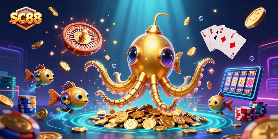 SC88 showcases a golden kraken submarine diving into a treasure trove of coins and gems.